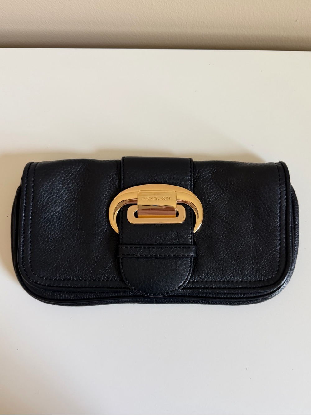 Michael Kors Black Leather Clutch with Gold Buckle